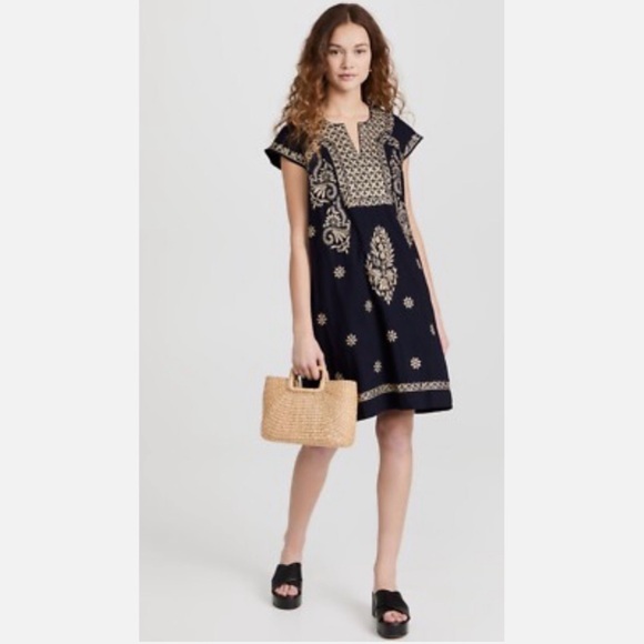 Roberta Roller Rabbit Dark Navy Bespoke Faith Dress with beige embroidery size M - Picture 3 of 15